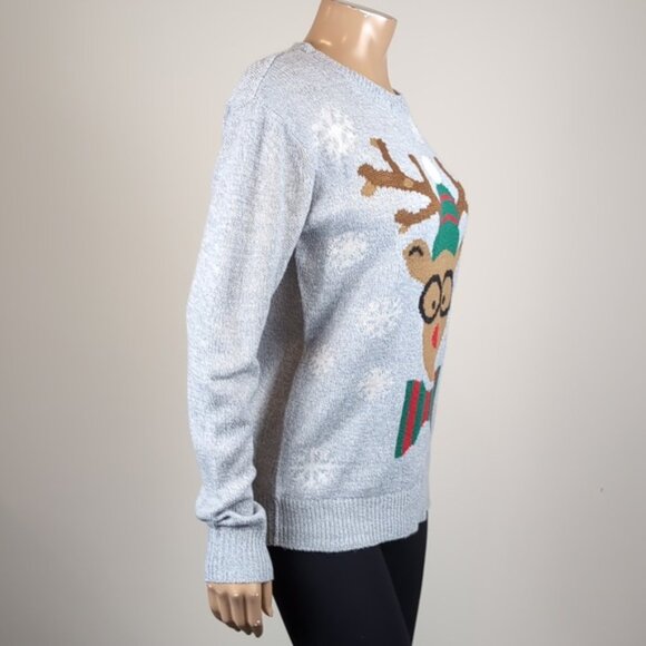 Ugly Christmas Sweater Nerdy Reindeer Happy Holidays Knit Womens Size Large Grey - Picture 6 of 9